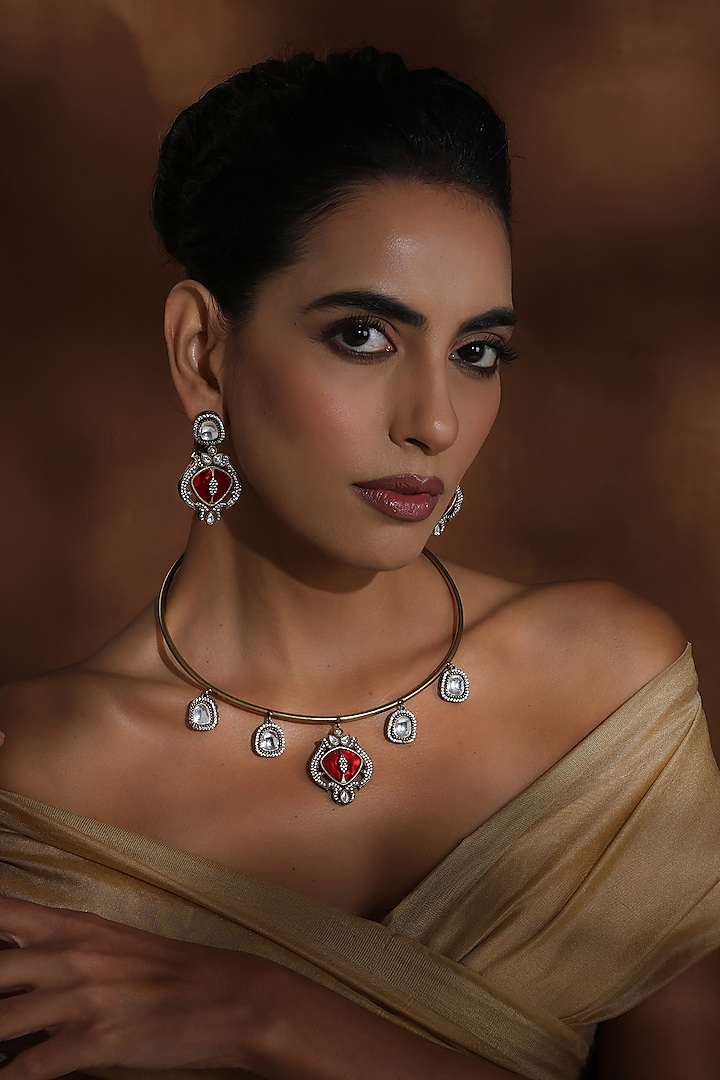 Gold Finish Red Kundan Polki Handcrafted Hasli Necklace Set by Swabhimann Jewellery at Pernia's Pop Up Shop