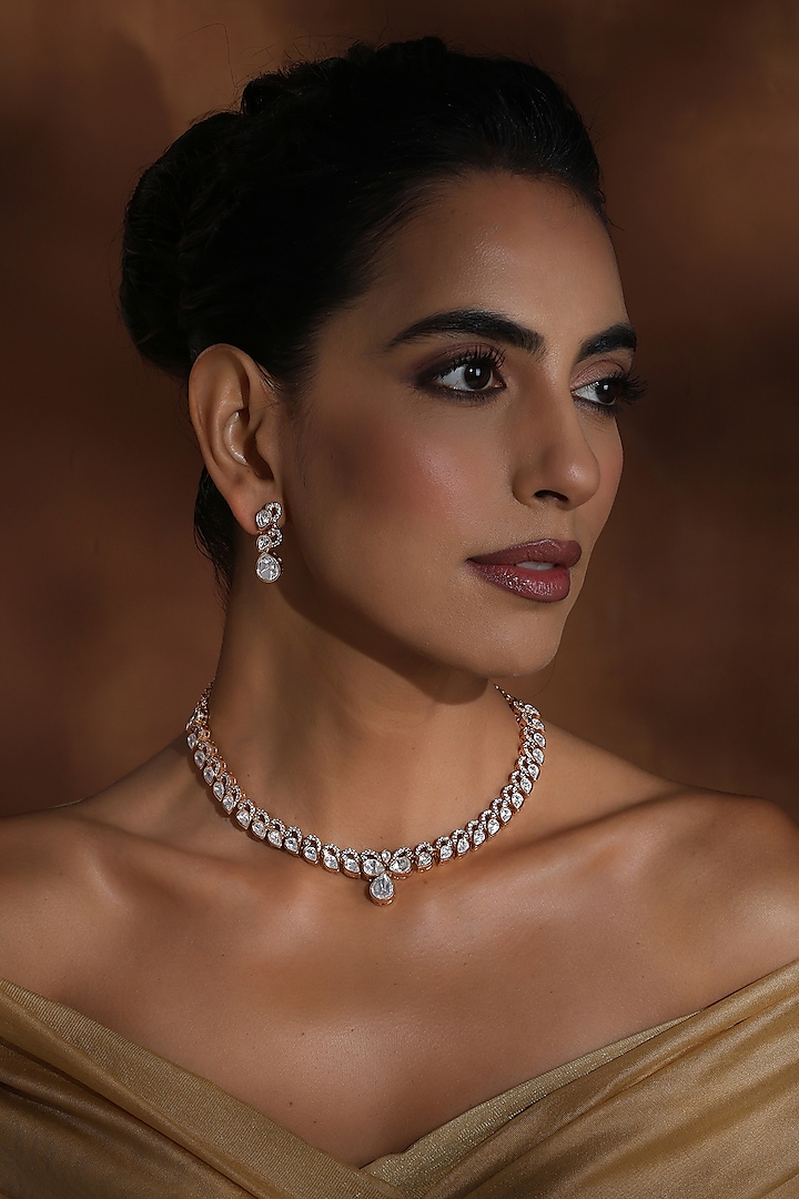 Rose Gold Finish Kundan Polki Necklace Set by Swabhimann Jewellery at Pernia's Pop Up Shop