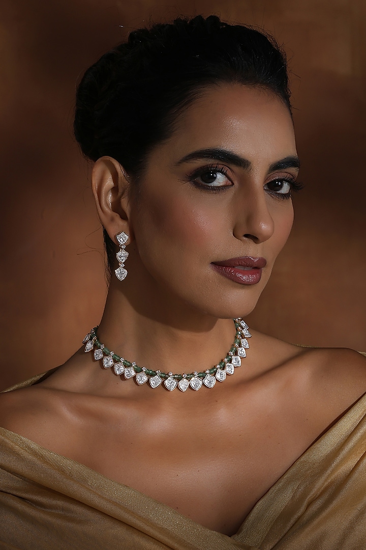 Rose Gold Finish Mint Kundan Polki Choker Necklace Set by Swabhimann Jewellery at Pernia's Pop Up Shop