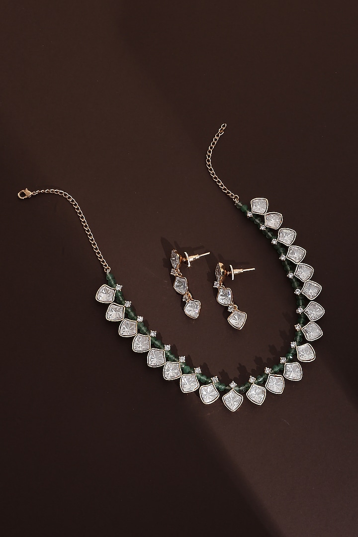 Rose Gold Finish Mint Kundan Polki Choker Necklace Set by Swabhimann Jewellery at Pernia's Pop Up Shop