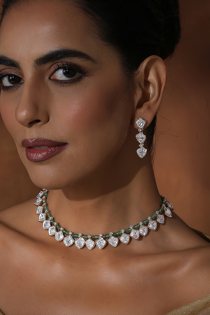 Rose Gold Finish Mint Kundan Polki Choker Necklace Set by Swabhimann Jewellery at Pernia's Pop Up Shop