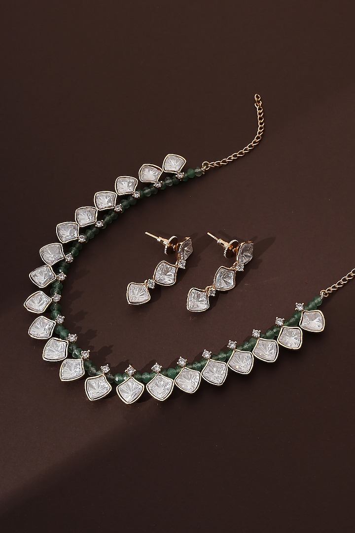 Rose Gold Finish Mint Kundan Polki Choker Necklace Set by Swabhimann Jewellery at Pernia's Pop Up Shop