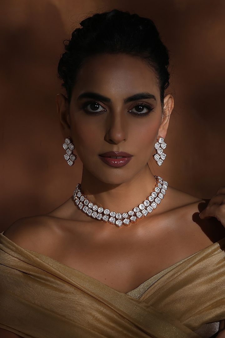 Rose Gold Finish Kundan Polki Choker Necklace Set by Swabhimann Jewellery at Pernia's Pop Up Shop