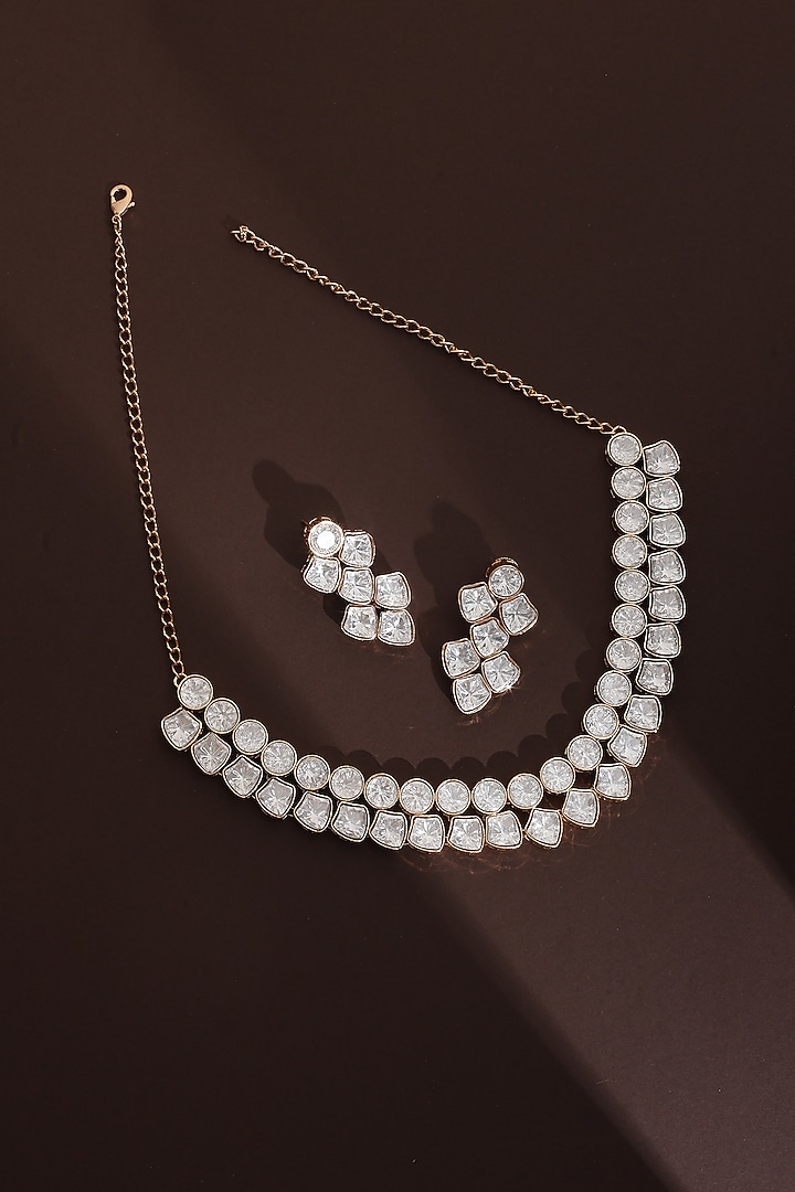Rose Gold Finish Kundan Polki Choker Necklace Set by Swabhimann Jewellery at Pernia's Pop Up Shop