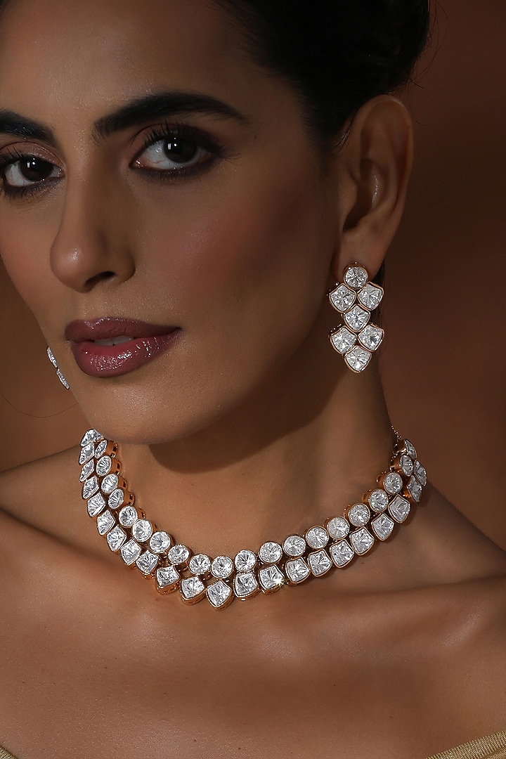 Rose Gold Finish Kundan Polki Choker Necklace Set by Swabhimann Jewellery at Pernia's Pop Up Shop