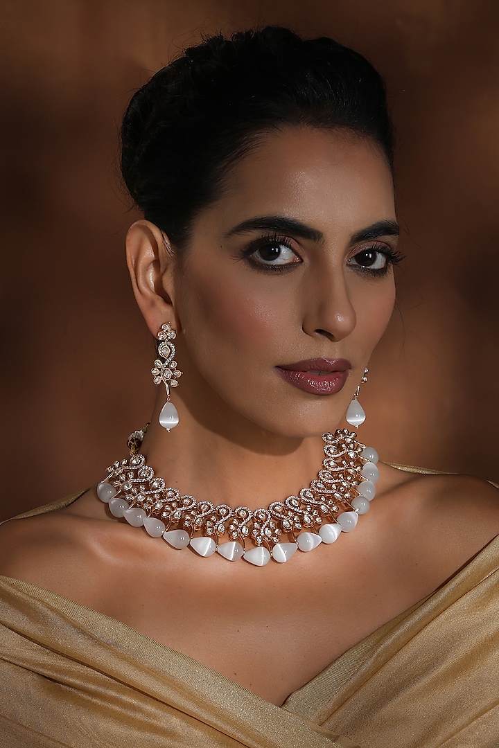 Rose Gold Finish Kundan Polki Necklace Set by Swabhimann Jewellery at Pernia's Pop Up Shop