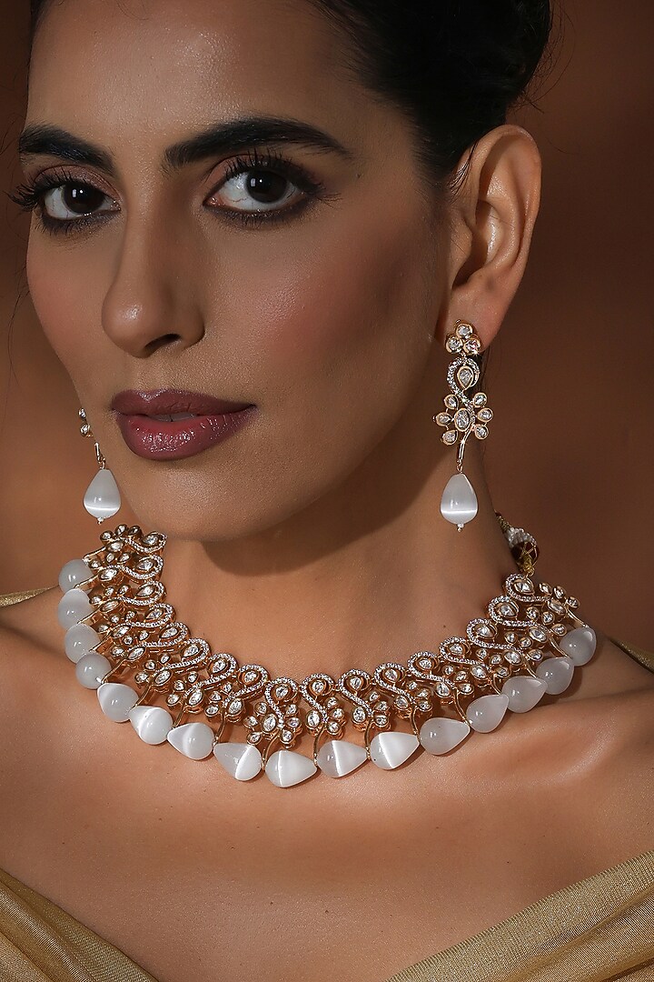 Rose Gold Finish Kundan Polki Necklace Set by Swabhimann Jewellery at Pernia's Pop Up Shop