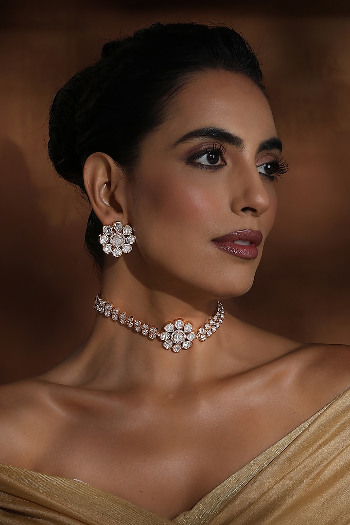 Rose Gold Finish Kundan Polki Choker Necklace Set by Swabhimann Jewellery at Pernia's Pop Up Shop