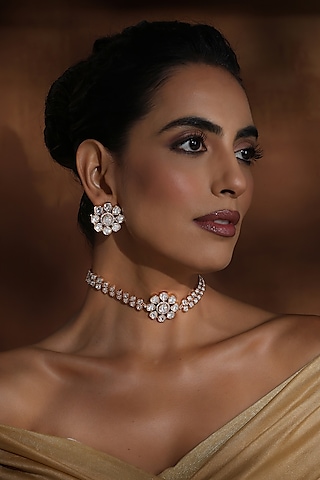 Rose Gold Finish Kundan Polki Choker Necklace Set by Swabhimann Jewellery
