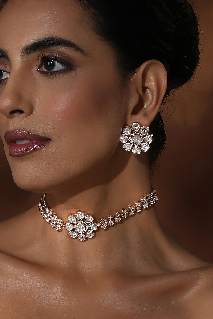 Rose Gold Finish Kundan Polki Choker Necklace Set by Swabhimann Jewellery at Pernia's Pop Up Shop