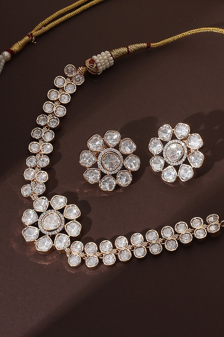 Rose Gold Finish Kundan Polki Choker Necklace Set by Swabhimann Jewellery at Pernia's Pop Up Shop