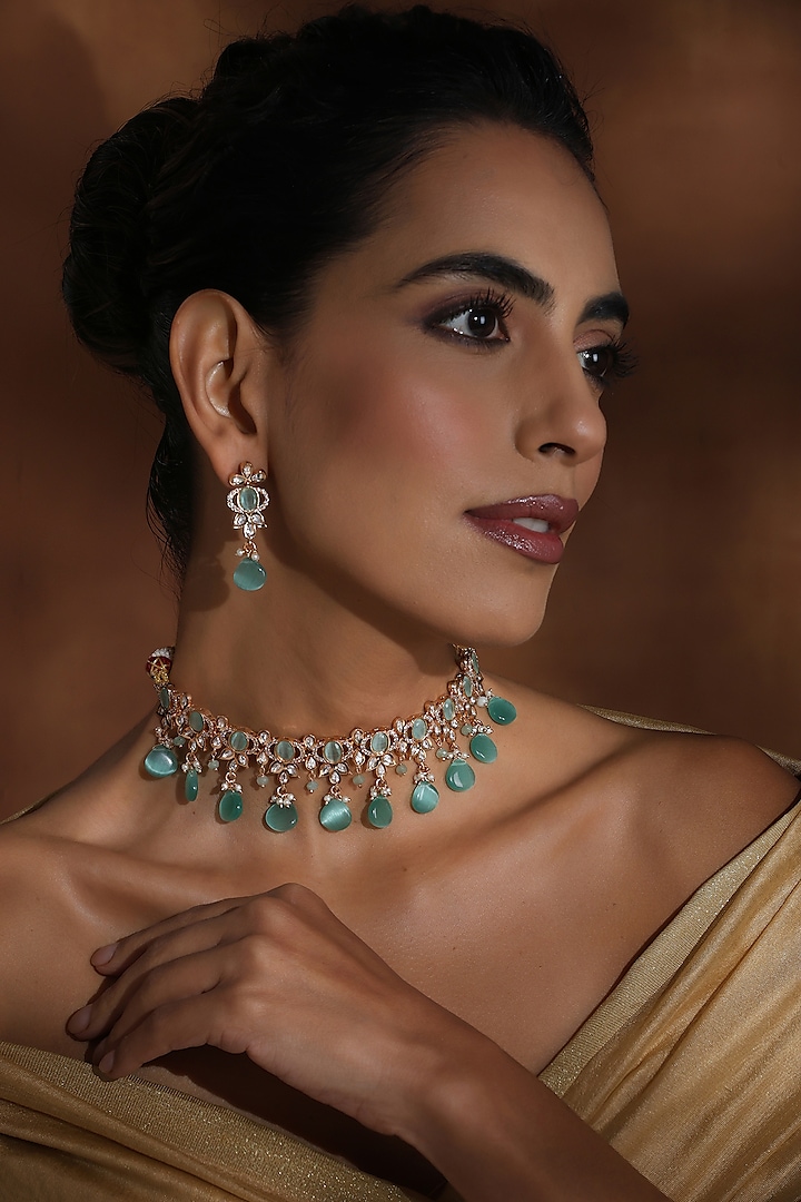 Rose Gold Finish Mint Kundan Polki Choker Necklace Set by Swabhimann Jewellery at Pernia's Pop Up Shop