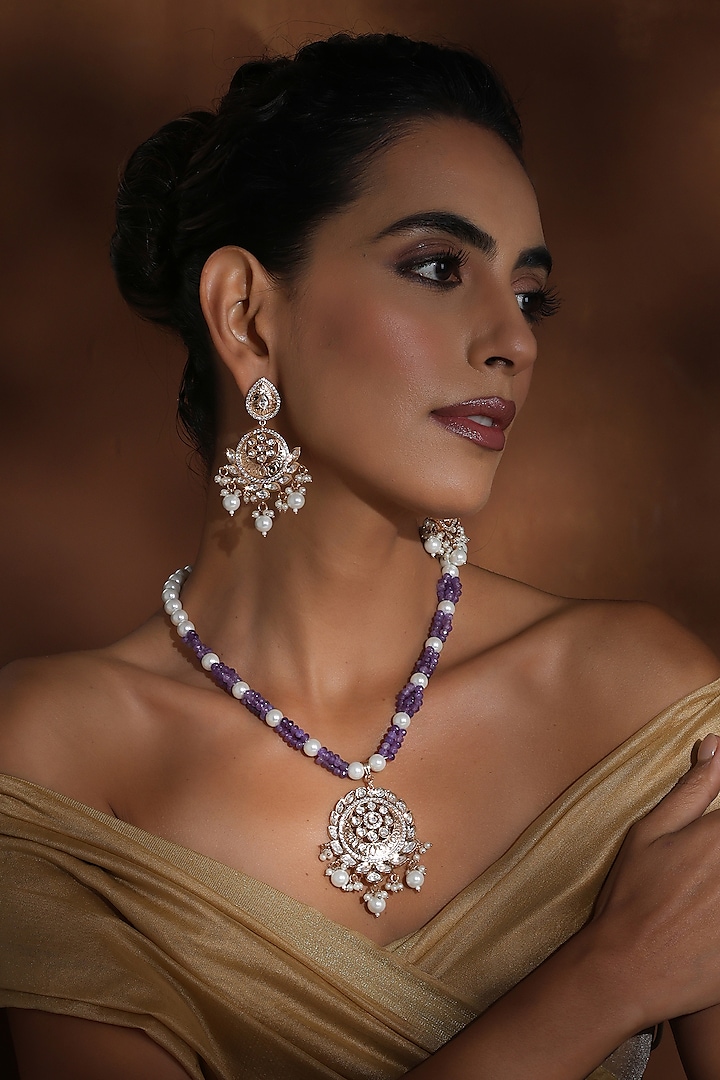 Rose Gold Finish Lavender Kundan Polki Long Pendant Necklace Set by Swabhimann Jewellery at Pernia's Pop Up Shop