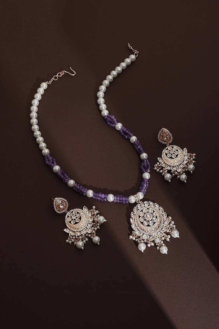 Rose Gold Finish Lavender Kundan Polki Long Pendant Necklace Set by Swabhimann Jewellery at Pernia's Pop Up Shop