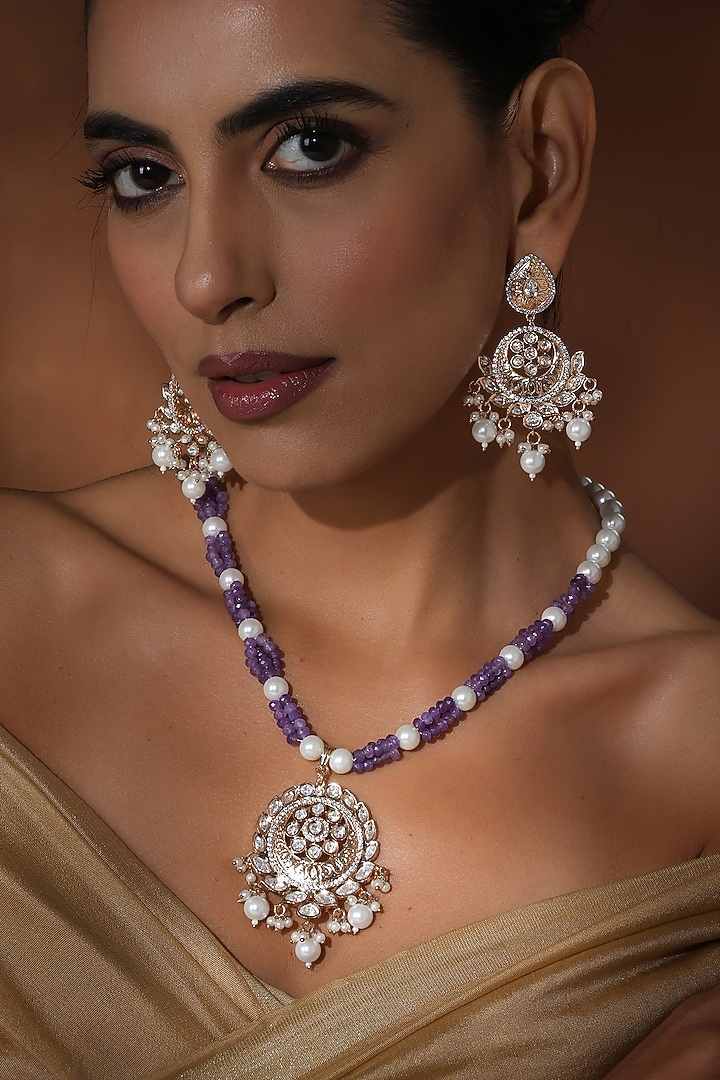 Rose Gold Finish Lavender Kundan Polki Long Pendant Necklace Set by Swabhimann Jewellery at Pernia's Pop Up Shop