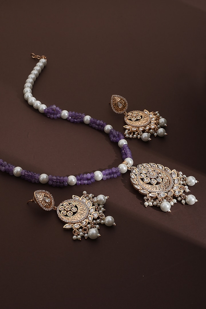 Rose Gold Finish Lavender Kundan Polki Long Pendant Necklace Set by Swabhimann Jewellery at Pernia's Pop Up Shop