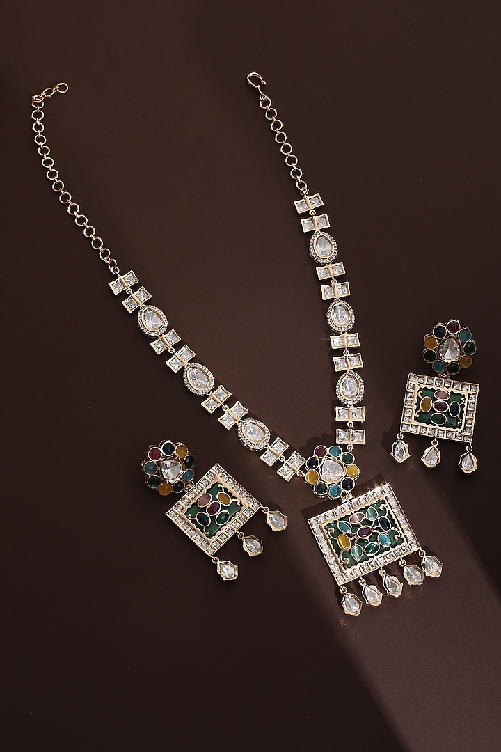 Rose Gold Finish Multi-Colored Kundan Polki Long Pendant Necklace Set by Swabhimann Jewellery at Pernia's Pop Up Shop