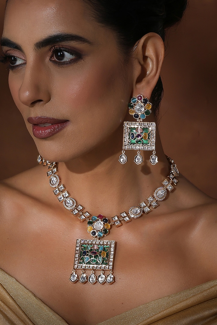 Rose Gold Finish Multi-Colored Kundan Polki Long Pendant Necklace Set by Swabhimann Jewellery at Pernia's Pop Up Shop