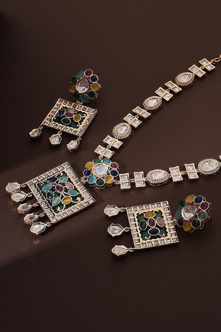 Rose Gold Finish Multi-Colored Kundan Polki Long Pendant Necklace Set by Swabhimann Jewellery at Pernia's Pop Up Shop