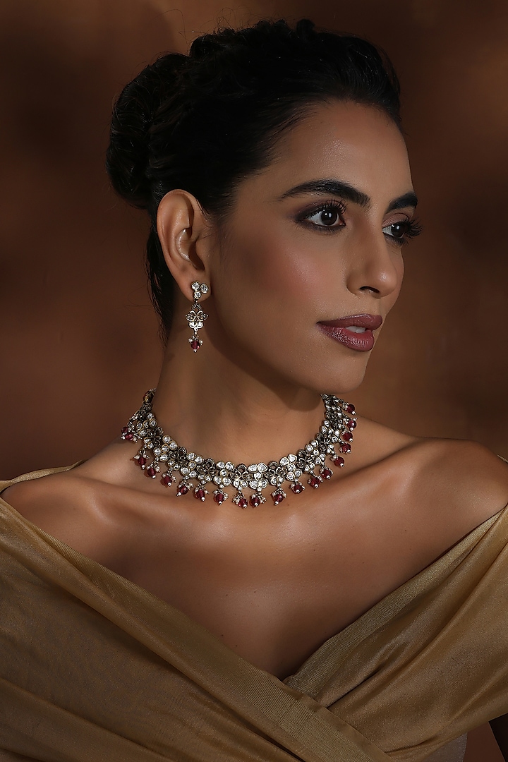 Rose Gold Finish Red Kundan Polki Necklace Set by Swabhimann Jewellery at Pernia's Pop Up Shop