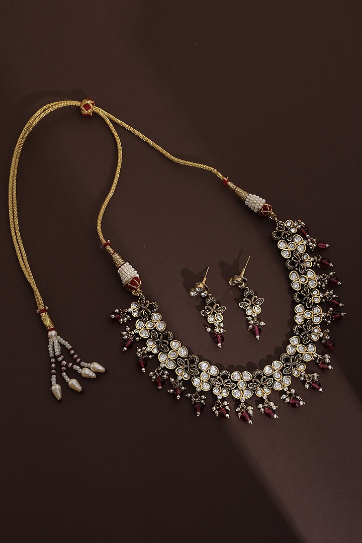 Rose Gold Finish Red Kundan Polki Necklace Set by Swabhimann Jewellery at Pernia's Pop Up Shop