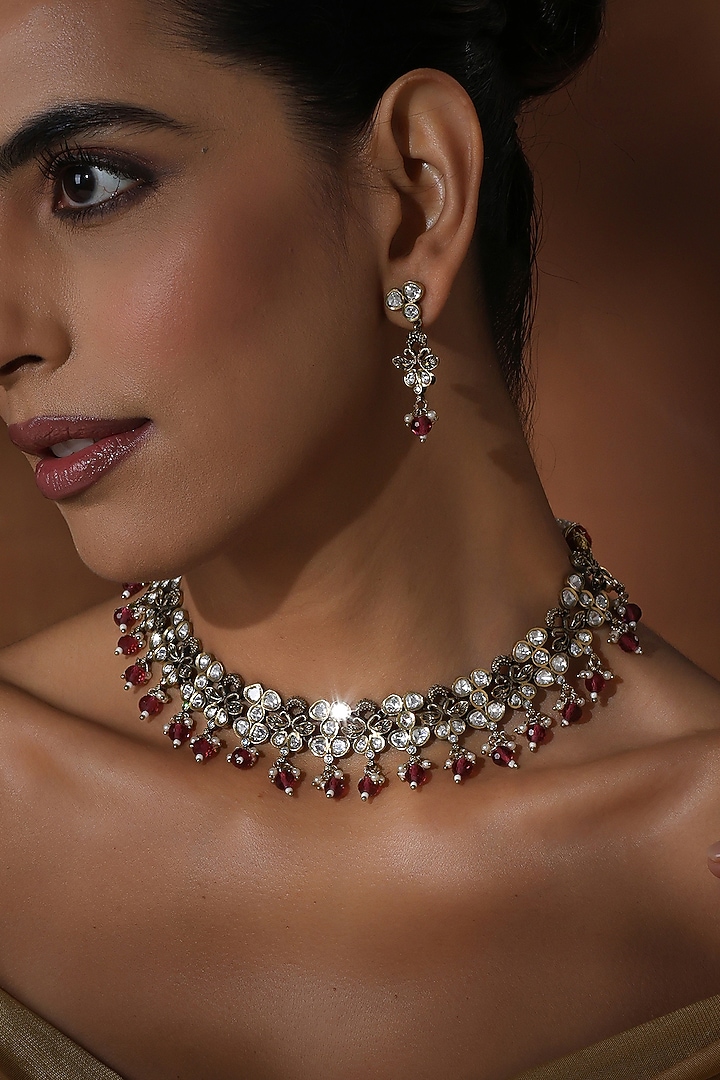 Rose Gold Finish Red Kundan Polki Necklace Set by Swabhimann Jewellery at Pernia's Pop Up Shop