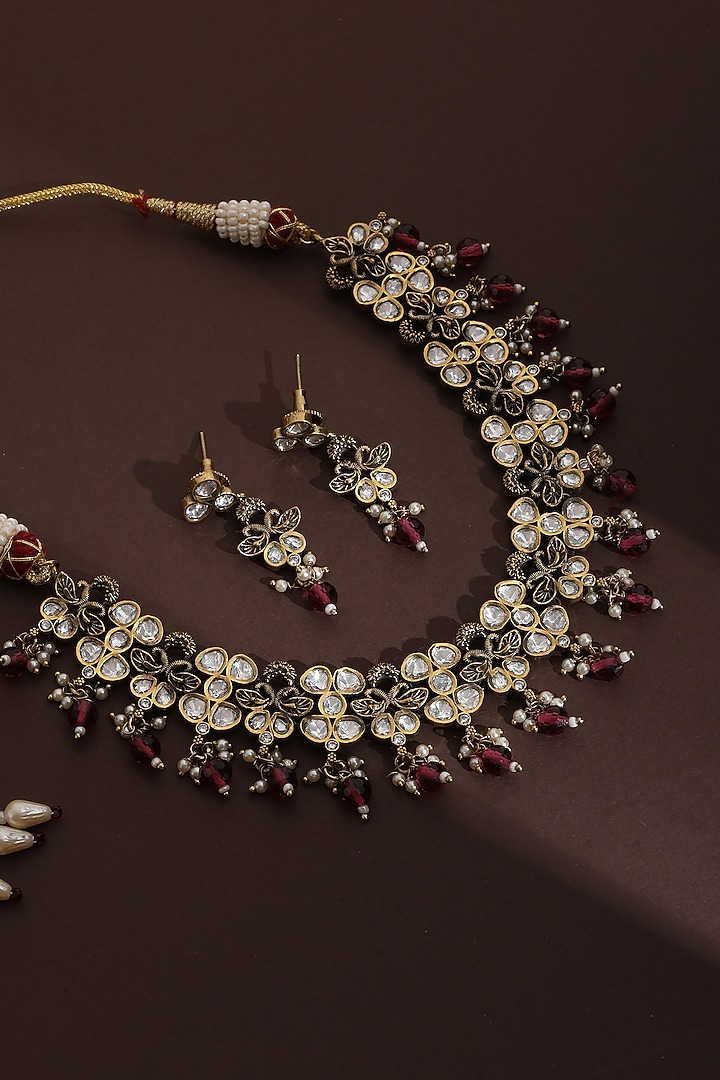 Rose Gold Finish Red Kundan Polki Necklace Set by Swabhimann Jewellery at Pernia's Pop Up Shop