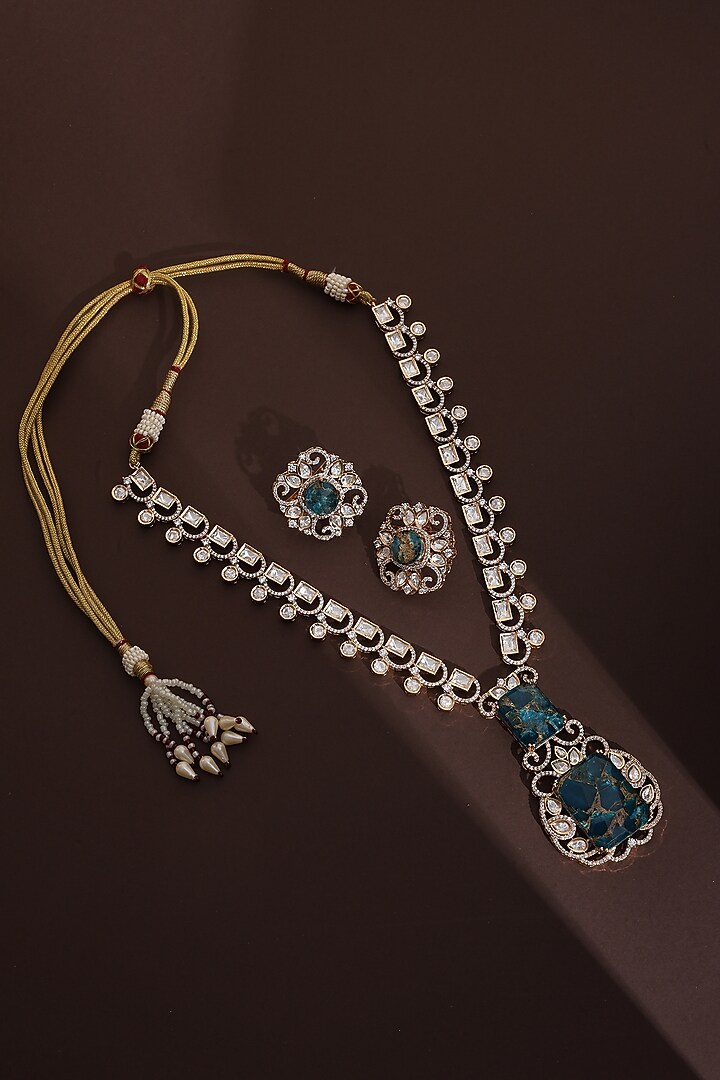 Rose Gold Finish Blue Kundan Polki Long Pendant Necklace Set by Swabhimann Jewellery at Pernia's Pop Up Shop