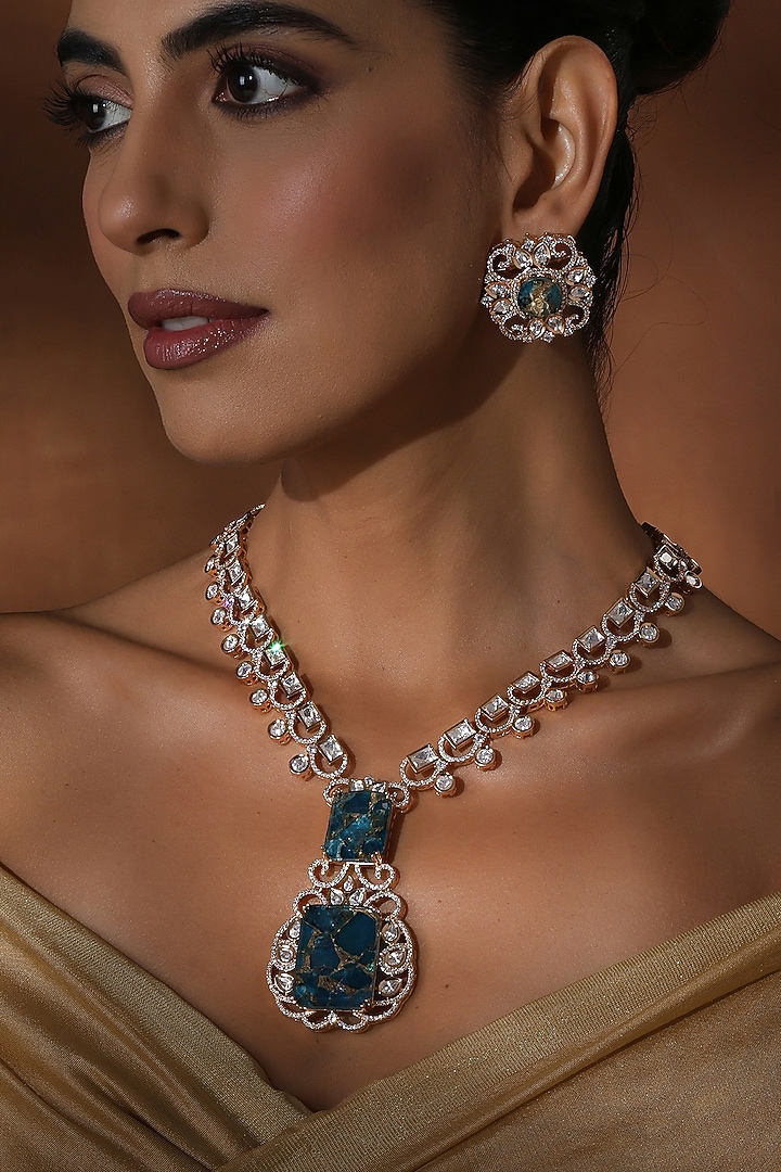 Rose Gold Finish Blue Kundan Polki Long Pendant Necklace Set by Swabhimann Jewellery at Pernia's Pop Up Shop