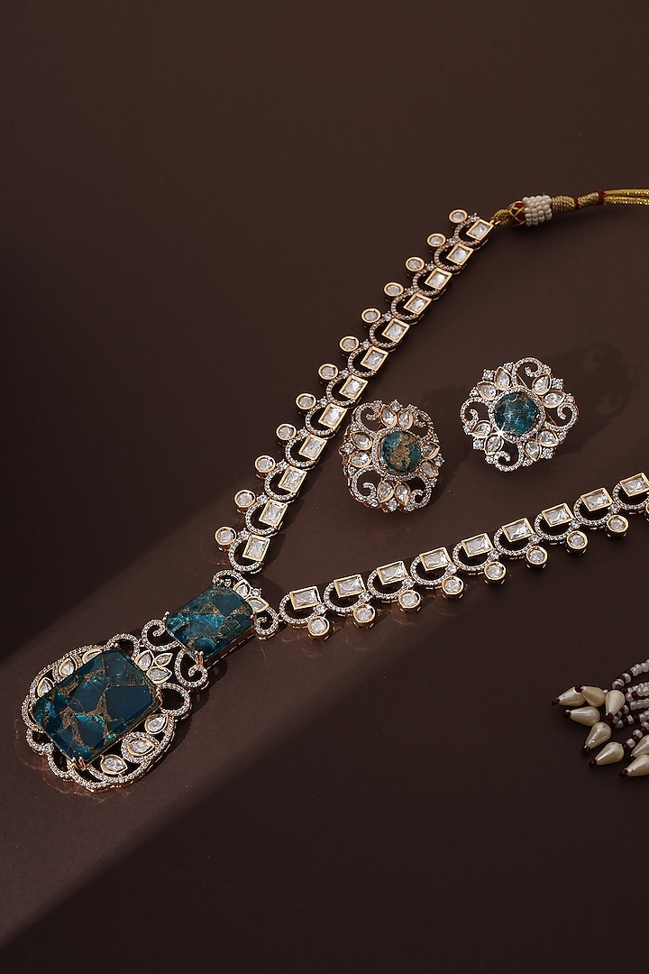 Rose Gold Finish Blue Kundan Polki Long Pendant Necklace Set by Swabhimann Jewellery at Pernia's Pop Up Shop