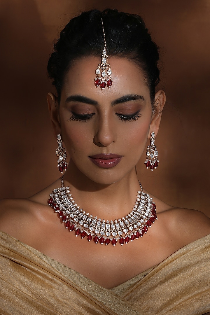 Rose Gold Finish Red Kundan Polki Necklace Set by Swabhimann Jewellery at Pernia's Pop Up Shop