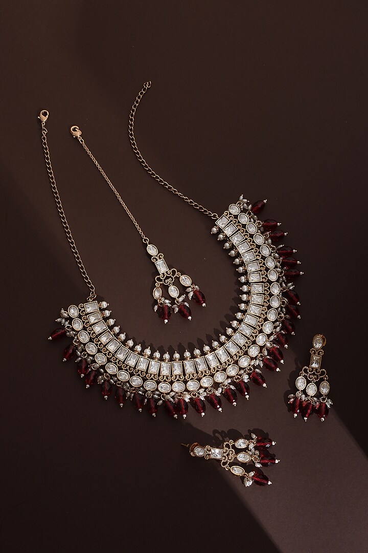 Rose Gold Finish Red Kundan Polki Necklace Set by Swabhimann Jewellery at Pernia's Pop Up Shop