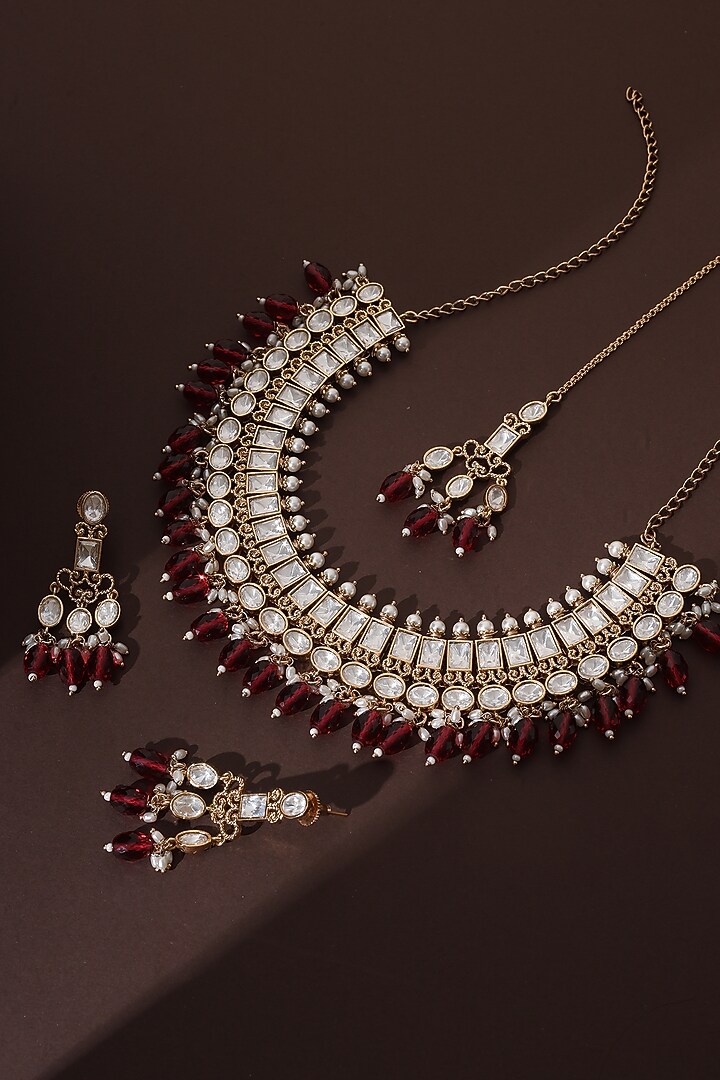 Rose Gold Finish Red Kundan Polki Necklace Set by Swabhimann Jewellery at Pernia's Pop Up Shop