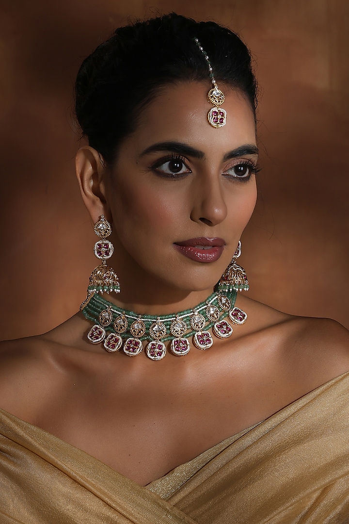 Rose Gold Finish Mint Kundan Polki Choker Necklace Set by Swabhimann Jewellery at Pernia's Pop Up Shop