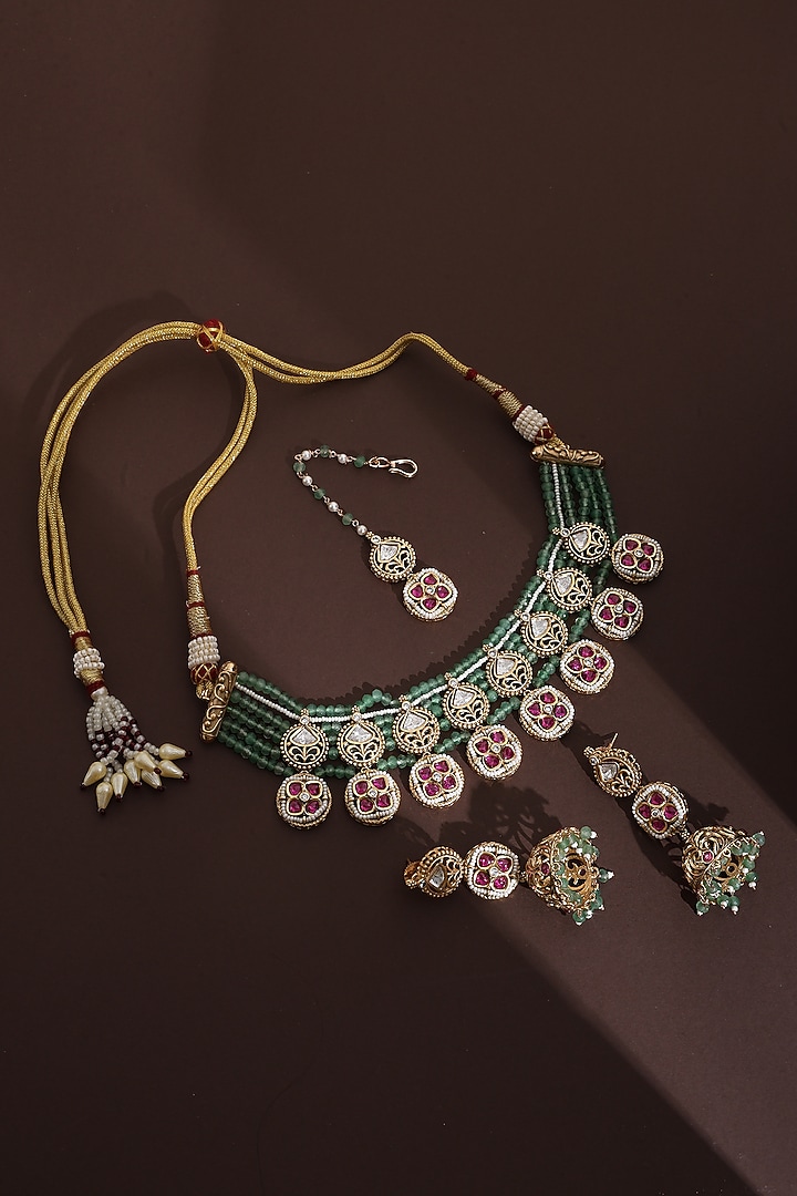 Rose Gold Finish Mint Kundan Polki Choker Necklace Set by Swabhimann Jewellery at Pernia's Pop Up Shop
