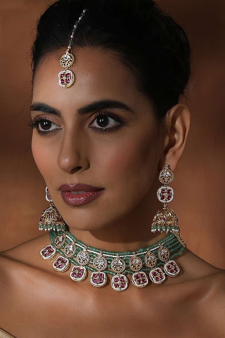 Rose Gold Finish Mint Kundan Polki Choker Necklace Set by Swabhimann Jewellery at Pernia's Pop Up Shop