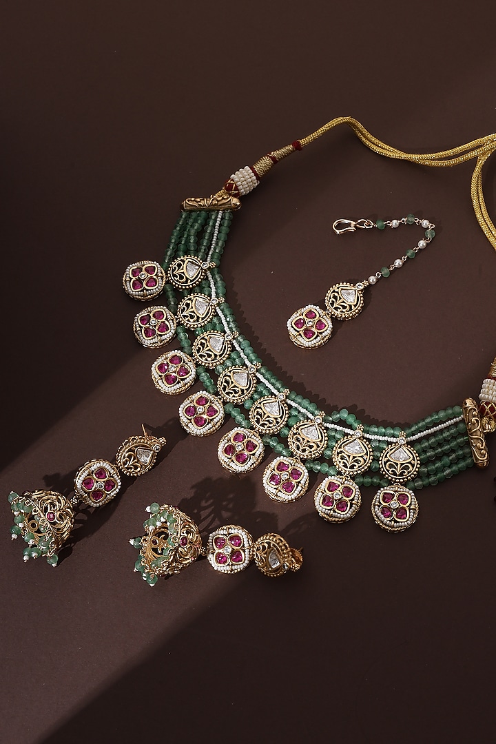 Rose Gold Finish Mint Kundan Polki Choker Necklace Set by Swabhimann Jewellery at Pernia's Pop Up Shop