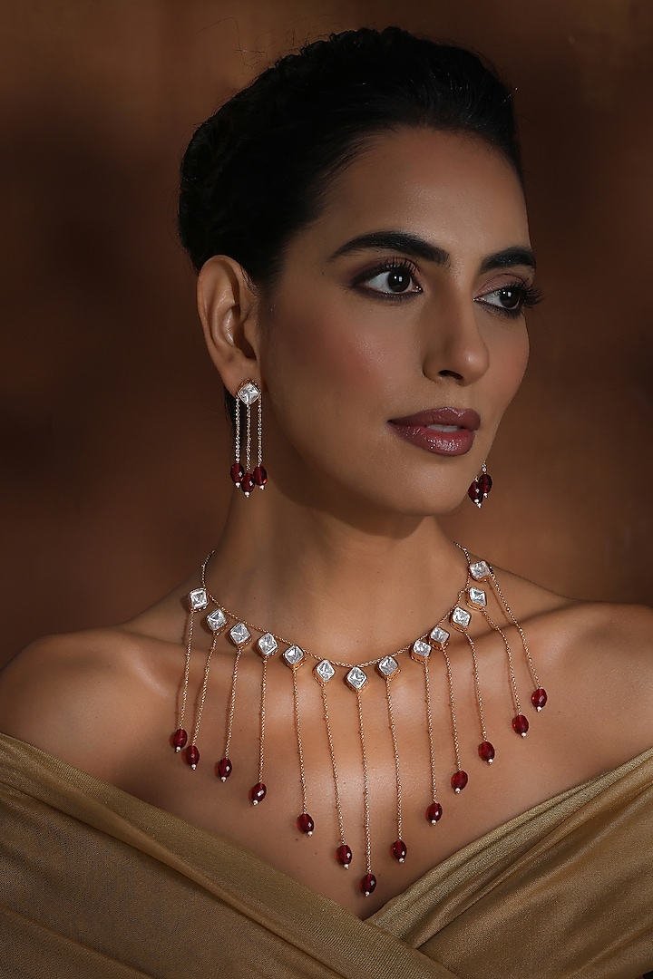 Rose Gold Finish Red Kundan Polki Long Necklace Set by Swabhimann Jewellery at Pernia's Pop Up Shop