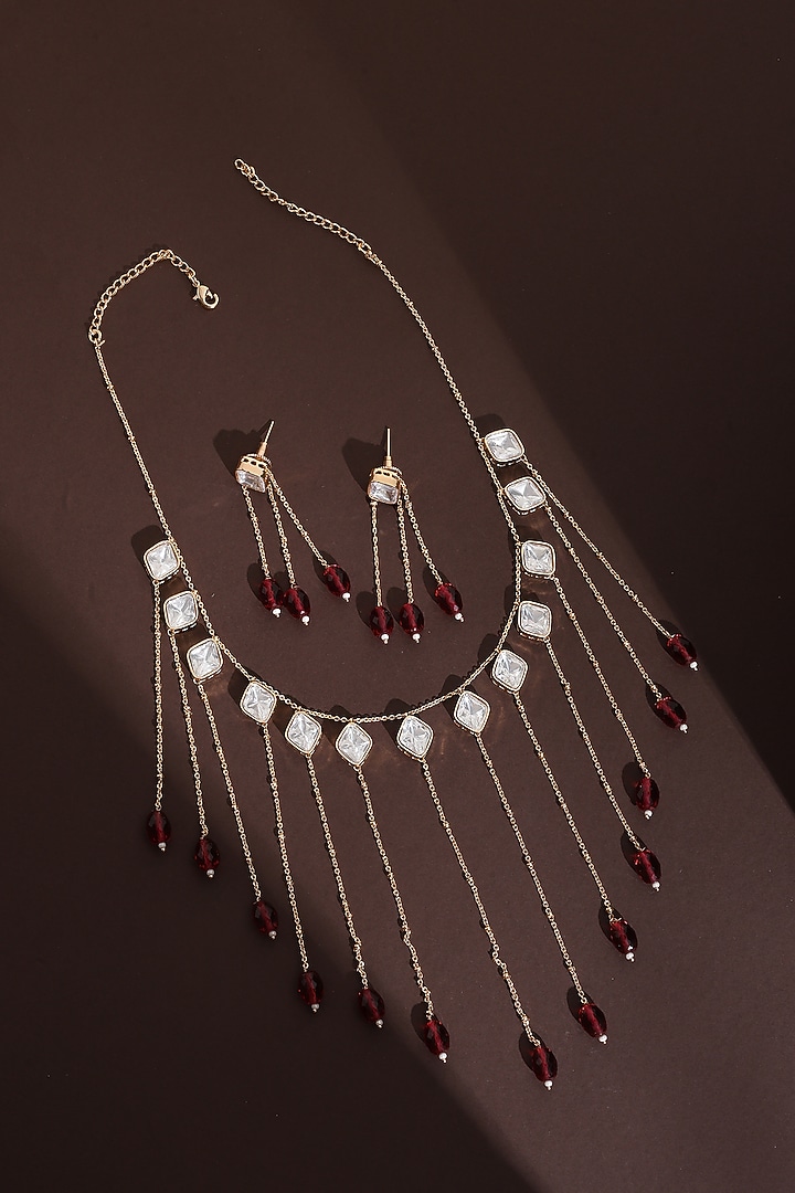 Rose Gold Finish Red Kundan Polki Long Necklace Set by Swabhimann Jewellery at Pernia's Pop Up Shop