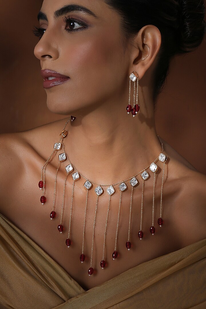 Rose Gold Finish Red Kundan Polki Long Necklace Set by Swabhimann Jewellery at Pernia's Pop Up Shop
