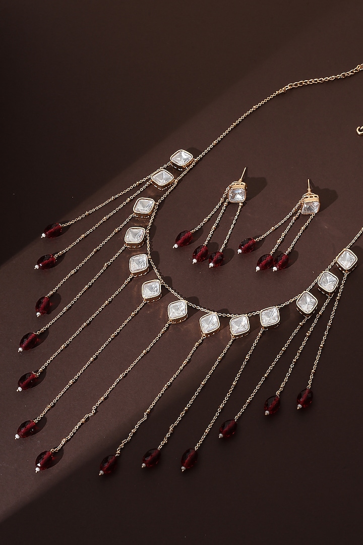 Rose Gold Finish Red Kundan Polki Long Necklace Set by Swabhimann Jewellery at Pernia's Pop Up Shop