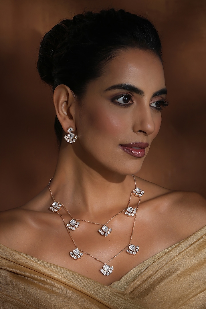 Rose Gold Finish Kundan Polki Layered Necklace Set by Swabhimann Jewellery at Pernia's Pop Up Shop