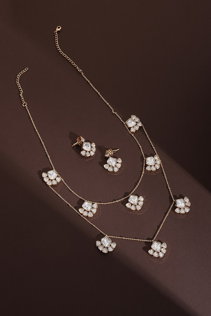 Rose Gold Finish Kundan Polki Layered Necklace Set by Swabhimann Jewellery at Pernia's Pop Up Shop