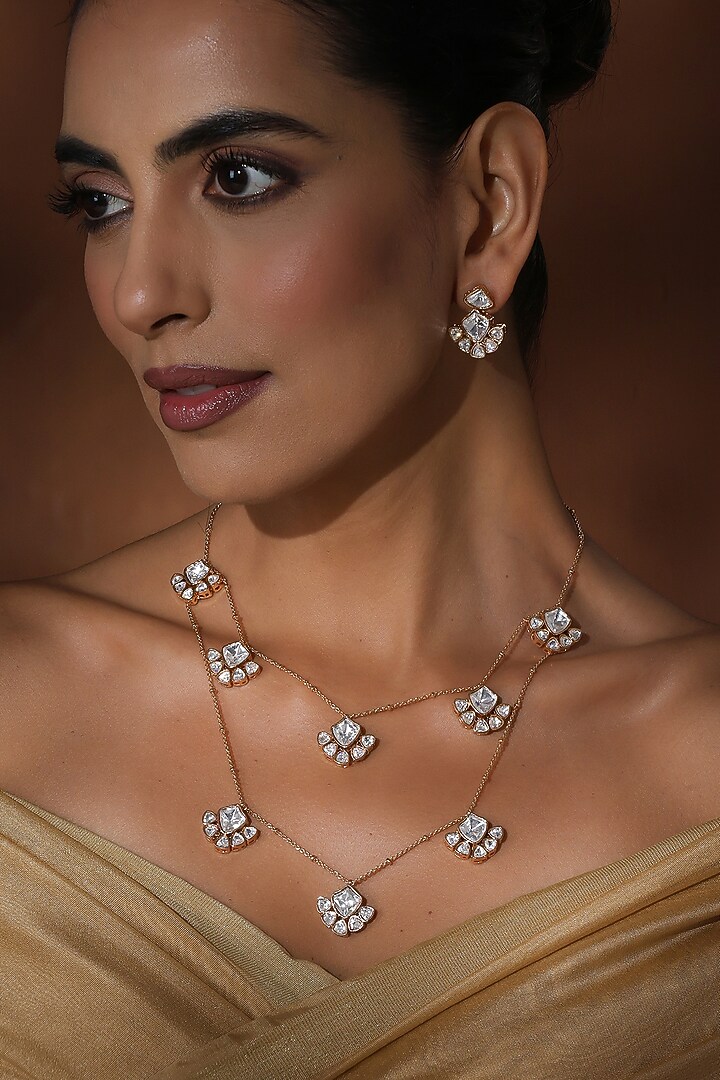 Rose Gold Finish Kundan Polki Layered Necklace Set by Swabhimann Jewellery at Pernia's Pop Up Shop