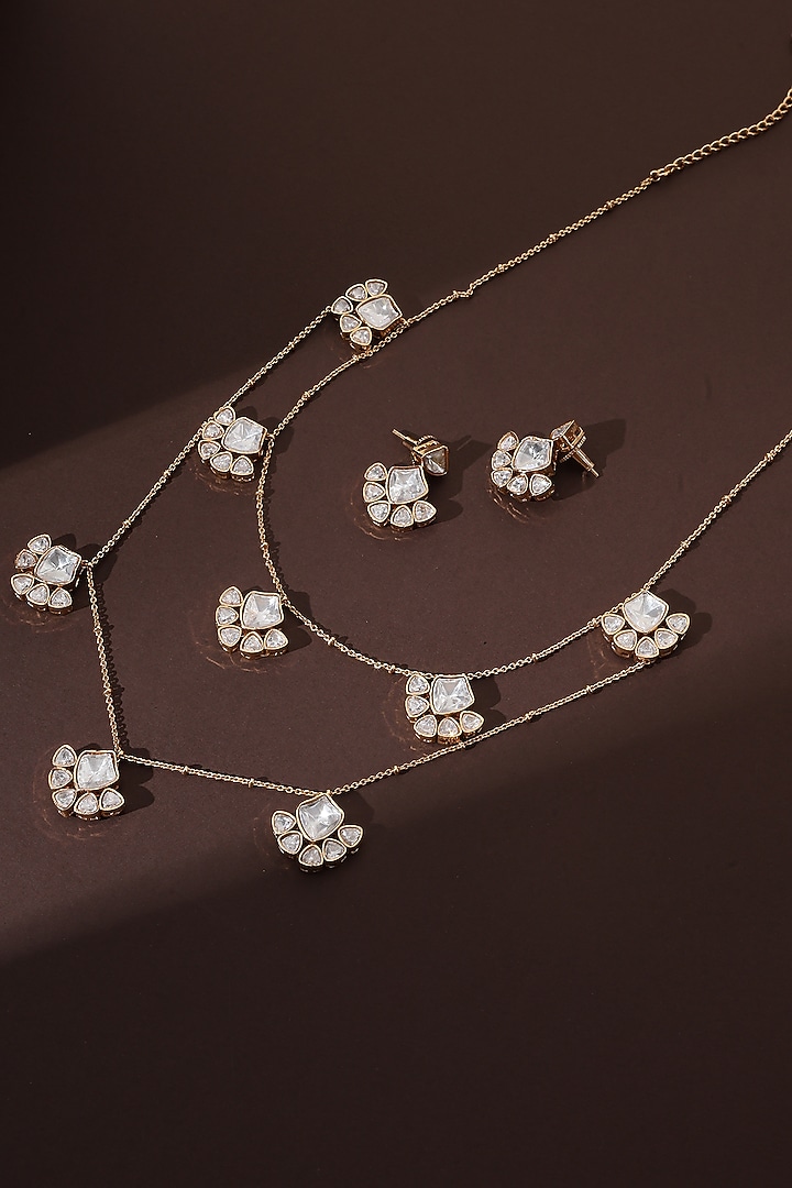 Rose Gold Finish Kundan Polki Layered Necklace Set by Swabhimann Jewellery at Pernia's Pop Up Shop