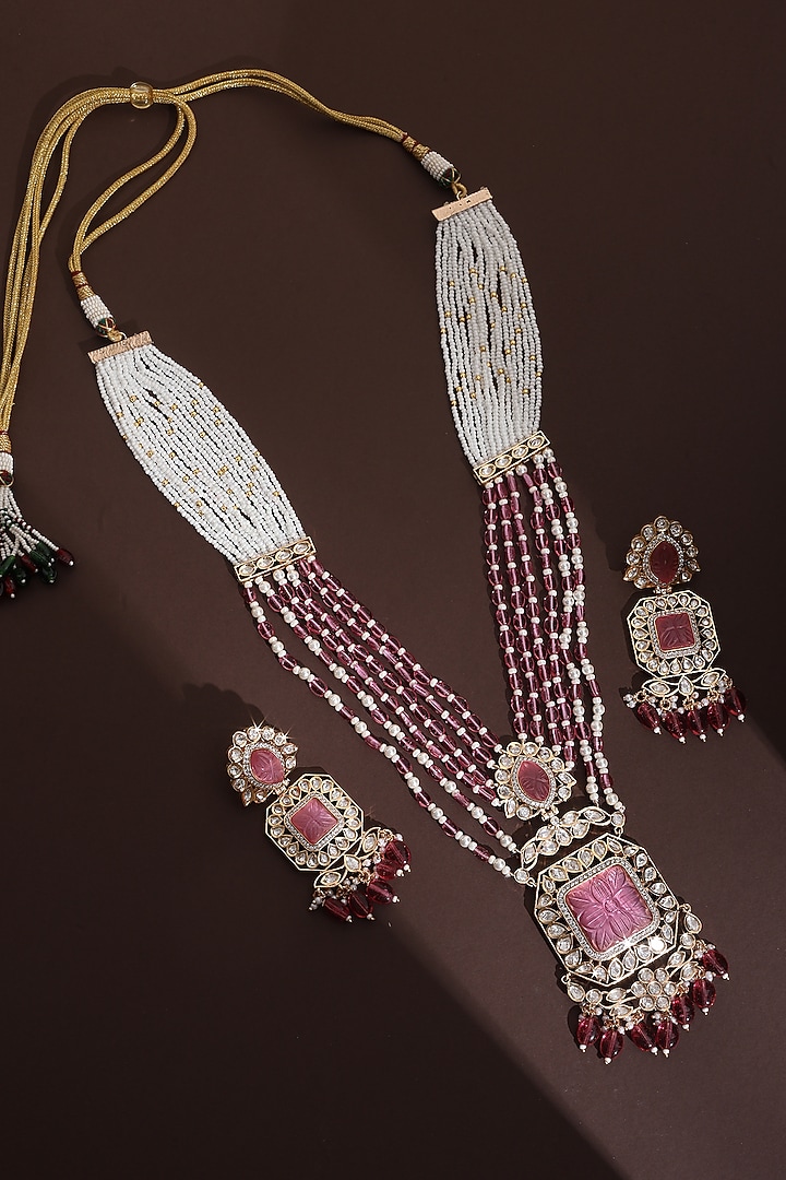Rose Gold Finish Pink Kundan Polki Long Pendant Necklace Set by Swabhimann Jewellery at Pernia's Pop Up Shop
