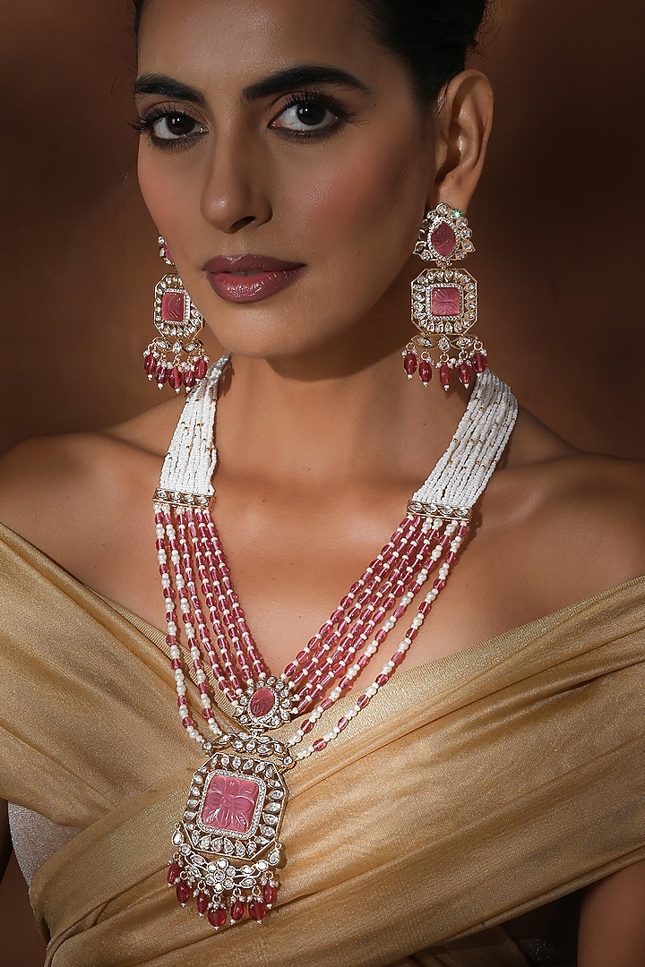 Rose Gold Finish Pink Kundan Polki Long Pendant Necklace Set by Swabhimann Jewellery at Pernia's Pop Up Shop