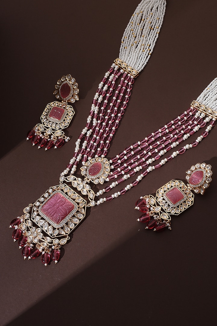 Rose Gold Finish Pink Kundan Polki Long Pendant Necklace Set by Swabhimann Jewellery at Pernia's Pop Up Shop