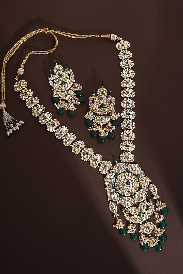 Gold Finish Green Kundan Polki Long Necklace Set by Swabhimann Jewellery at Pernia's Pop Up Shop