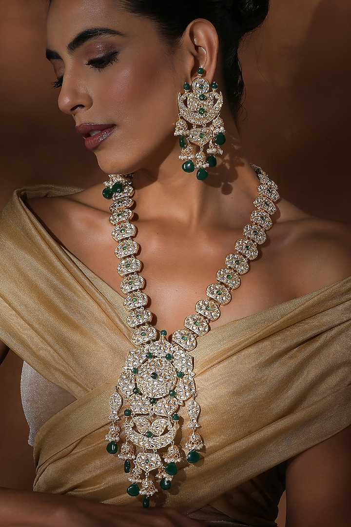 Gold Finish Green Kundan Polki Long Necklace Set by Swabhimann Jewellery at Pernia's Pop Up Shop